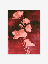 Pink poppy flower art print with slender stems on a deep red background