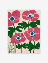 Pink poppy flower art print with blue centres and green leaves on pale pink background