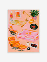 Pink retro interior poster with orange lounge chairs, pink sofa, record and lamp