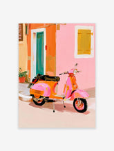 Pink retro scooter parked in front of a pink building with a teal door and yellow shutters, colourful Italian street art