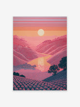 Pink rolling hills landscape poster with sun, river and patterned fields