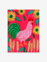 Pink rooster with red comb standing among sunflowers and wheat on a red background art print