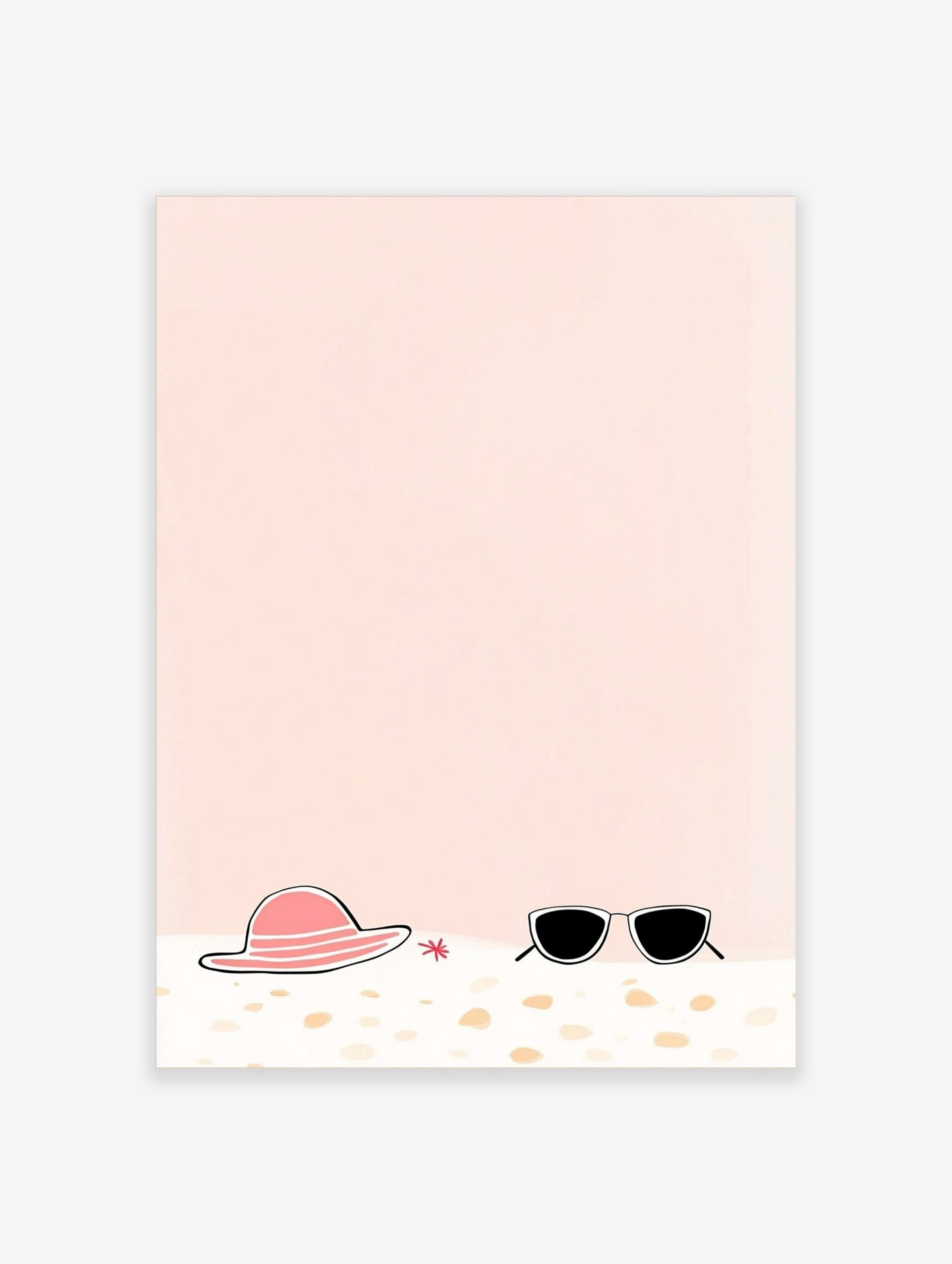 Illustrative print of a pink sun hat, black sunglasses, and red starfish on sand with a peach background
