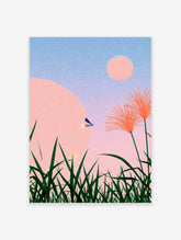 Pink sunset grass art print with blue dragonfly, orange reeds and pastel sky