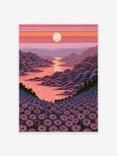 Stylised pink sunset landscape with sun over river, layered hills and flower field