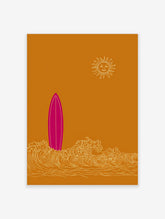 Pink surfboard standing in white ocean waves with a smiling sun on an ochre background in an illustrative style