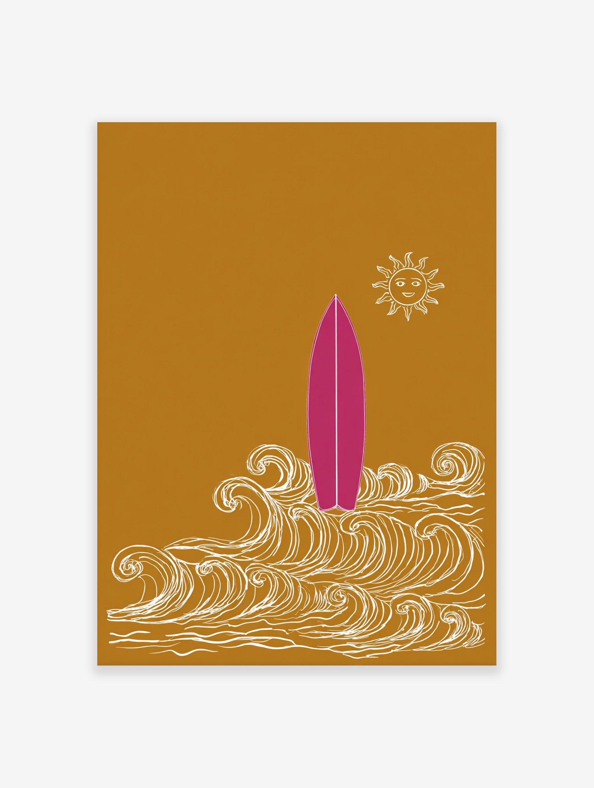 Pink surfboard standing in white illustrative waves with a smiling sun on a golden-yellow background