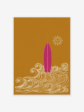 Pink surfboard standing in white illustrative waves with a smiling sun on a golden-yellow background