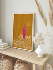 Pink surfboard standing in white illustrative waves with a smiling sun on a golden-yellow, in an alternate framed mockup