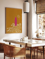 Pink surfboard standing in white illustrative waves with a smiling sun on a golden-yellow background, in a styled room mockup