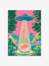Pink retrofuturist poster of a UFO beaming goldfish from a bowl into a pink sky