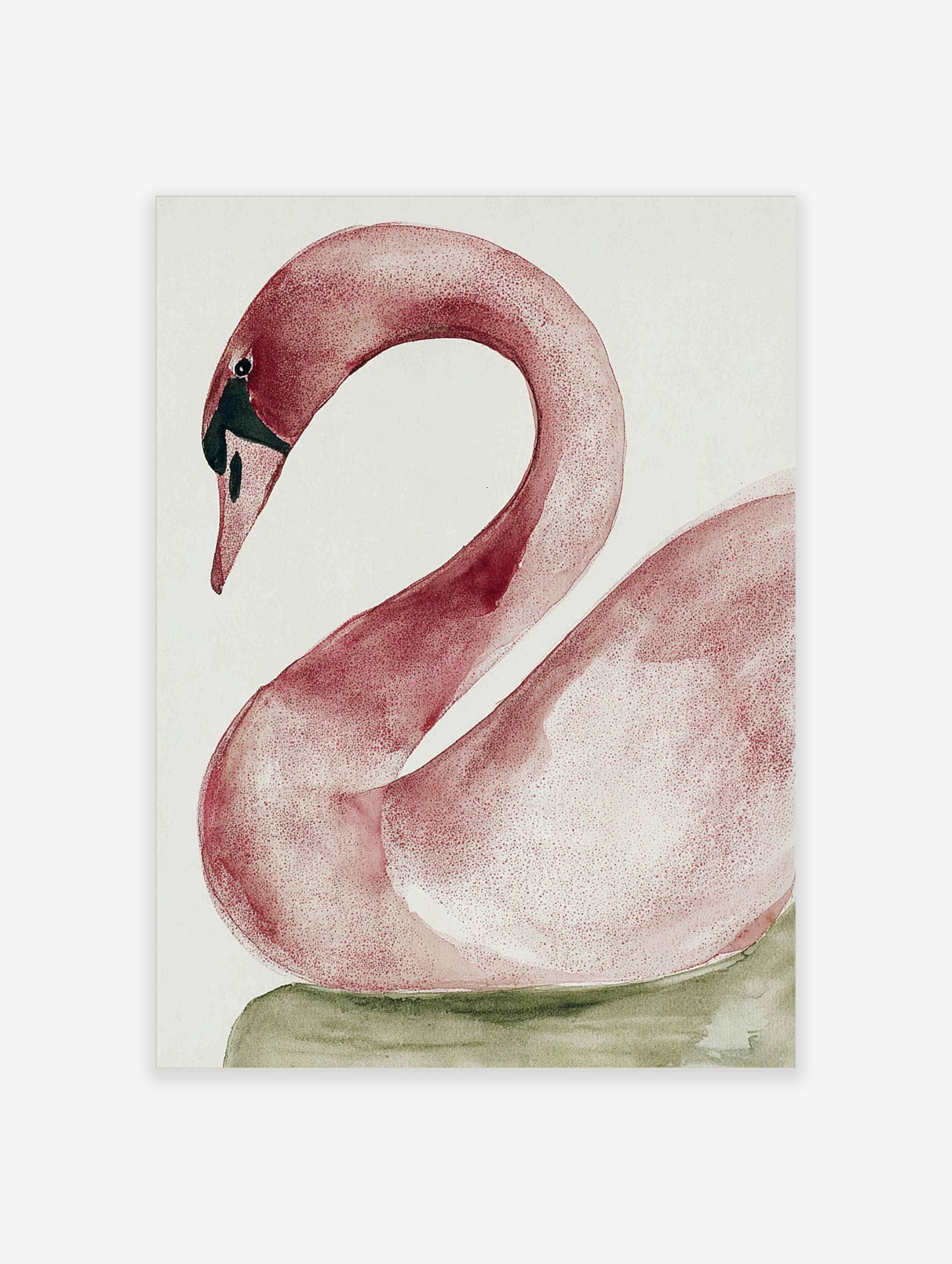 Pink swan watercolour art print with curved neck and black beak on a white background with green base