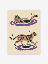 Pink tabby cat art print with two cats, purple rings, dark voids, and stars on beige background