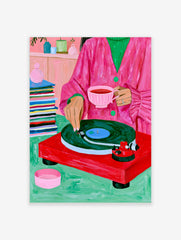 Illustration of a person in a pink coat with tea and a red record player on a green surface