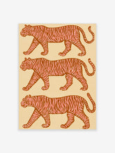 Three pink tigers walking in a row, pink and brown stripes on cream background, animal wall art print