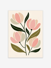 Pink tulip flower botanical illustration art print with green leaves on cream background