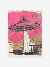 Pink UFO wall art illustration with a flying saucer, mushrooms, and stars on a distressed background.