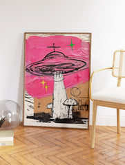 Pink UFO wall art illustration with a flying saucer, mushrooms, and stars on a distressed background. - Image 2