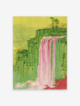 Illustrative waterfall wall art print with vibrant pink water cascading over green cliff formations in a modern style