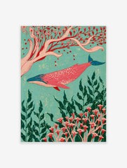 Pink whale swimming among red botanical flowers and green seaweed on a turquoise background, illustrative art print