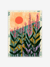 Pink wildflower poster with tall stems, dark leaves, and a large orange sun on a peach sky