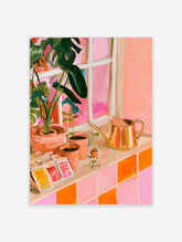 Pink window sill poster with monstera plant, terracotta pots, copper watering can, and seed packets