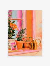Pink window sill poster with potted plants, brass watering can, and seed packets in a painterly botanical style