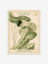 Pisces zodiac poster with green-robed figure, Art Nouveau typography, and fish motif