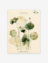 Pisces zodiac watercolour poster with woman, lotus leaves, and fish symbols on cream background