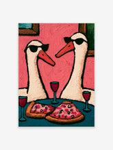 Two swans wearing sunglasses eating pizza and drinking red wine on a pink background, illustrative wall art print
