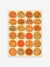 Grid of twenty-four illustrated pizzas with tomato, basil, olives and mushrooms on a cream background