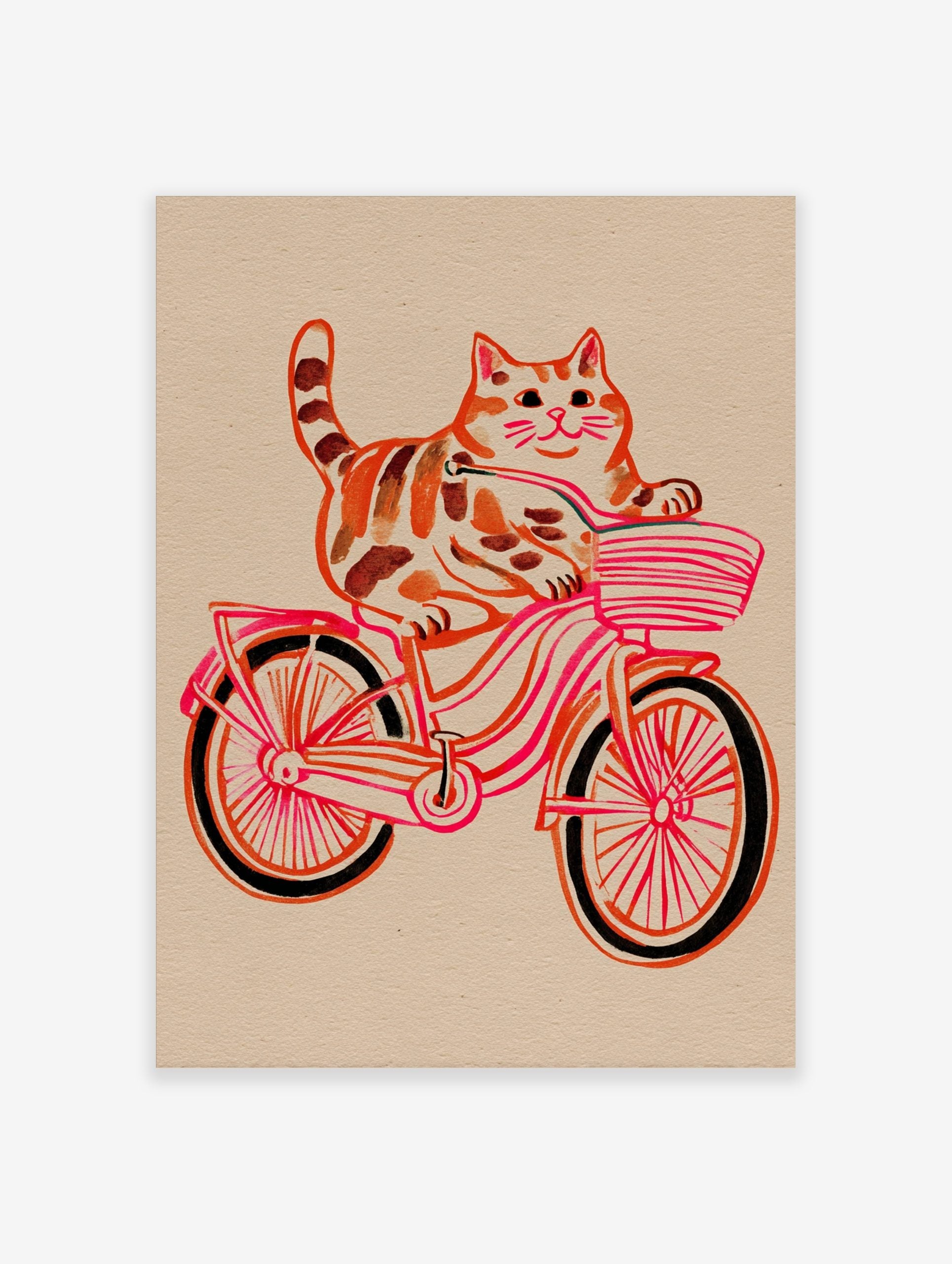 Illustrative print of an orange tabby cat riding a pink and red bicycle with a striped basket