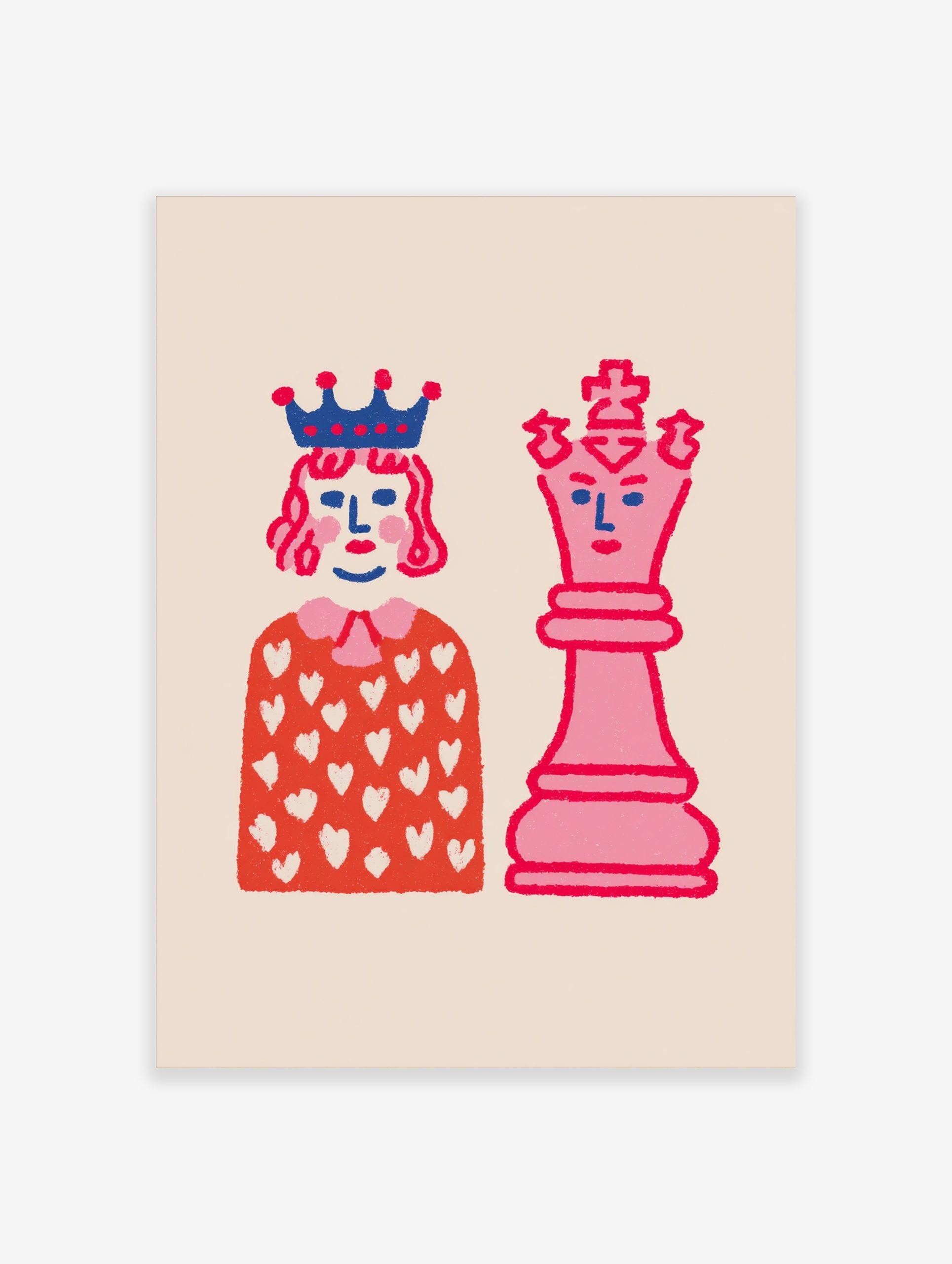 Playful illustrative wall art featuring a pink chess queen and a crowned figure on a light background