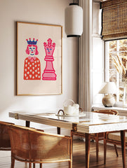 Playful illustrative wall art featuring a pink chess queen and a crowned figure on a light, in a styled room mockup