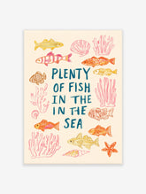 Illustrative Plenty of Fish in the Sea print with hand-drawn fish, coral, seashells, and starfish in pink, orange, and