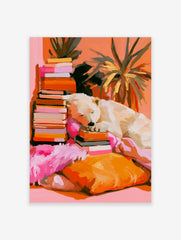Painterly illustration of a polar bear sleeping on a stack of books with orange and pink tones