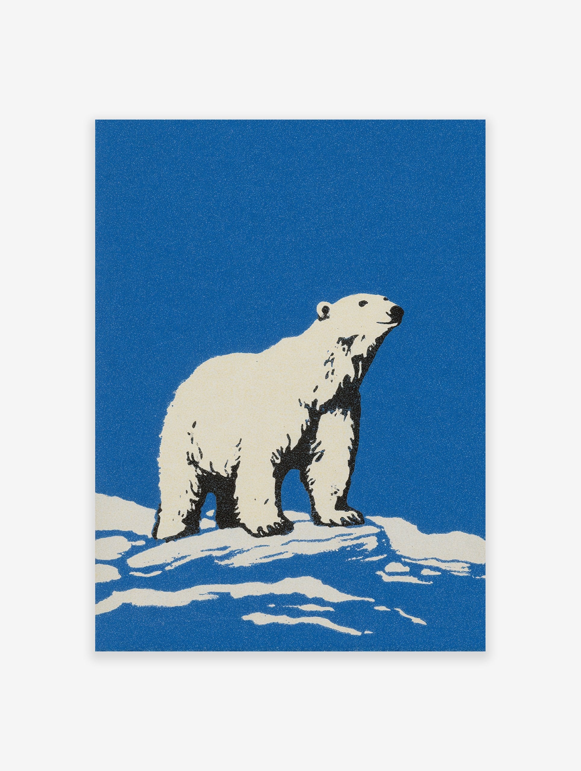 Polar Bear Wall Art illustration showing a white polar bear standing on snow against a blue background.