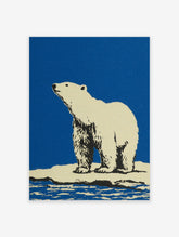 Illustrated polar bear standing on an ice floe against a blue sky, wildlife wall art print.