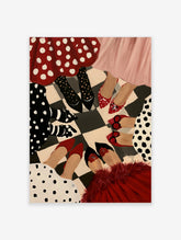 Illustrative fashion print of women in polka dot skirts and heels standing in a circle on a checkered floor