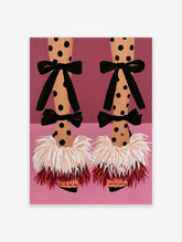 Fashion illustration of polka dot tights with black bows and pink feather shoe embellishments on a pink background