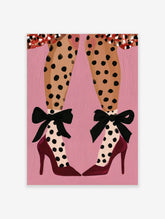 Fashion illustration of legs in polka dot tights with black bows and red high heels on a pink background