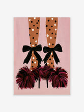 Fashion illustration of legs in polka-dot tights with black bows and feathered heels against a pink background