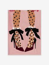 Fashion illustration of legs in polka dot tights, ruffled socks, and high heels on a solid pink background