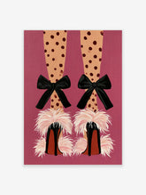 Illustration of legs in polka dot tights and black heels with pink feathers and bows against a pink background