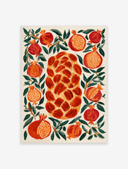 Illustrative wall art print of a central braided challah bread surrounded by red pomegranates and green leaves