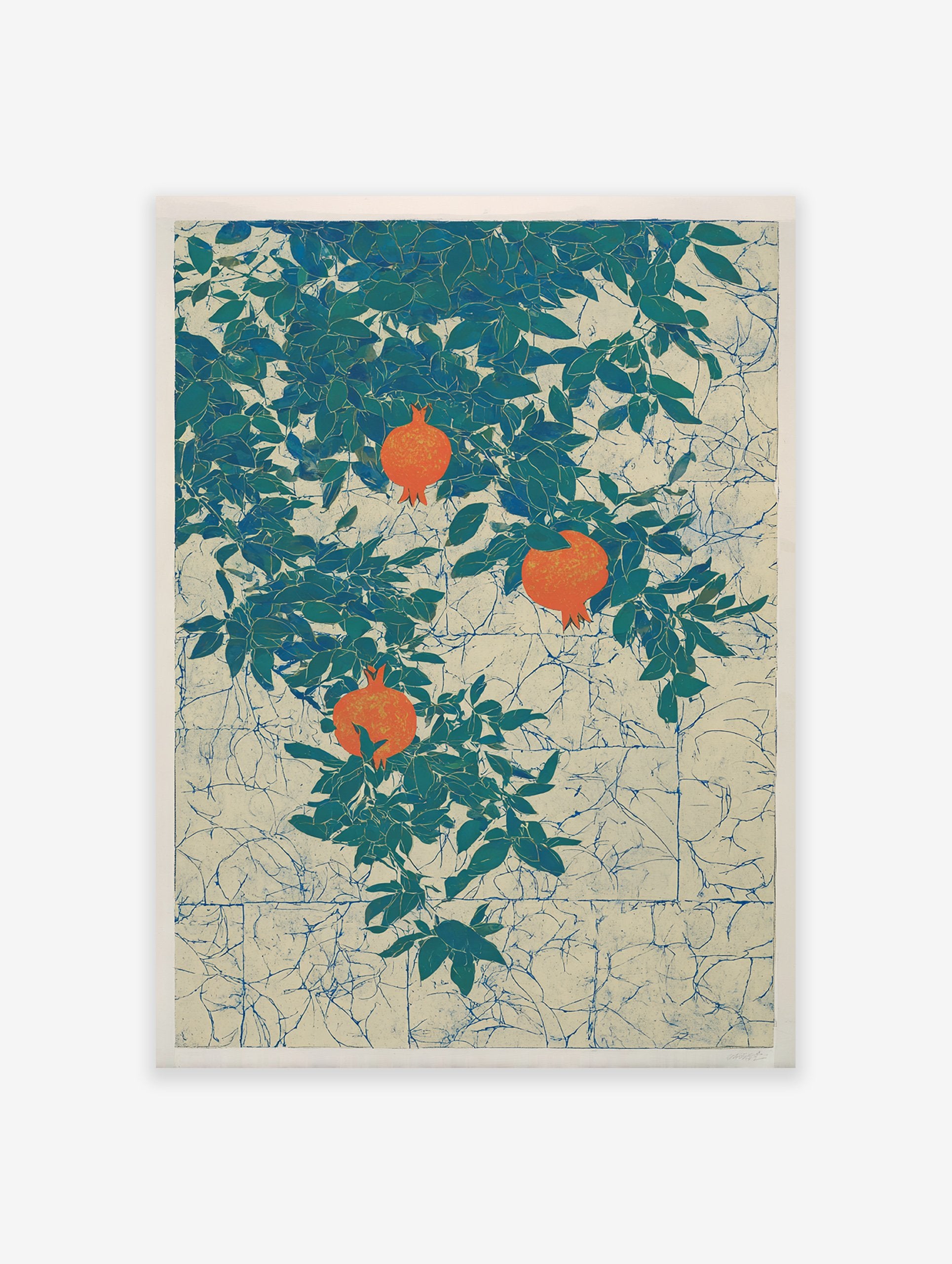 Pomegranate botanical poster featuring orange pomegranates on a leafy green tree against a textured cream and blue background.