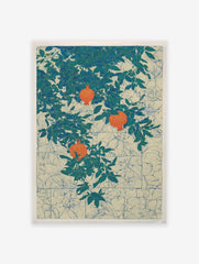 Pomegranate botanical poster featuring orange pomegranates on a leafy green tree against a textured cream and blue background.
