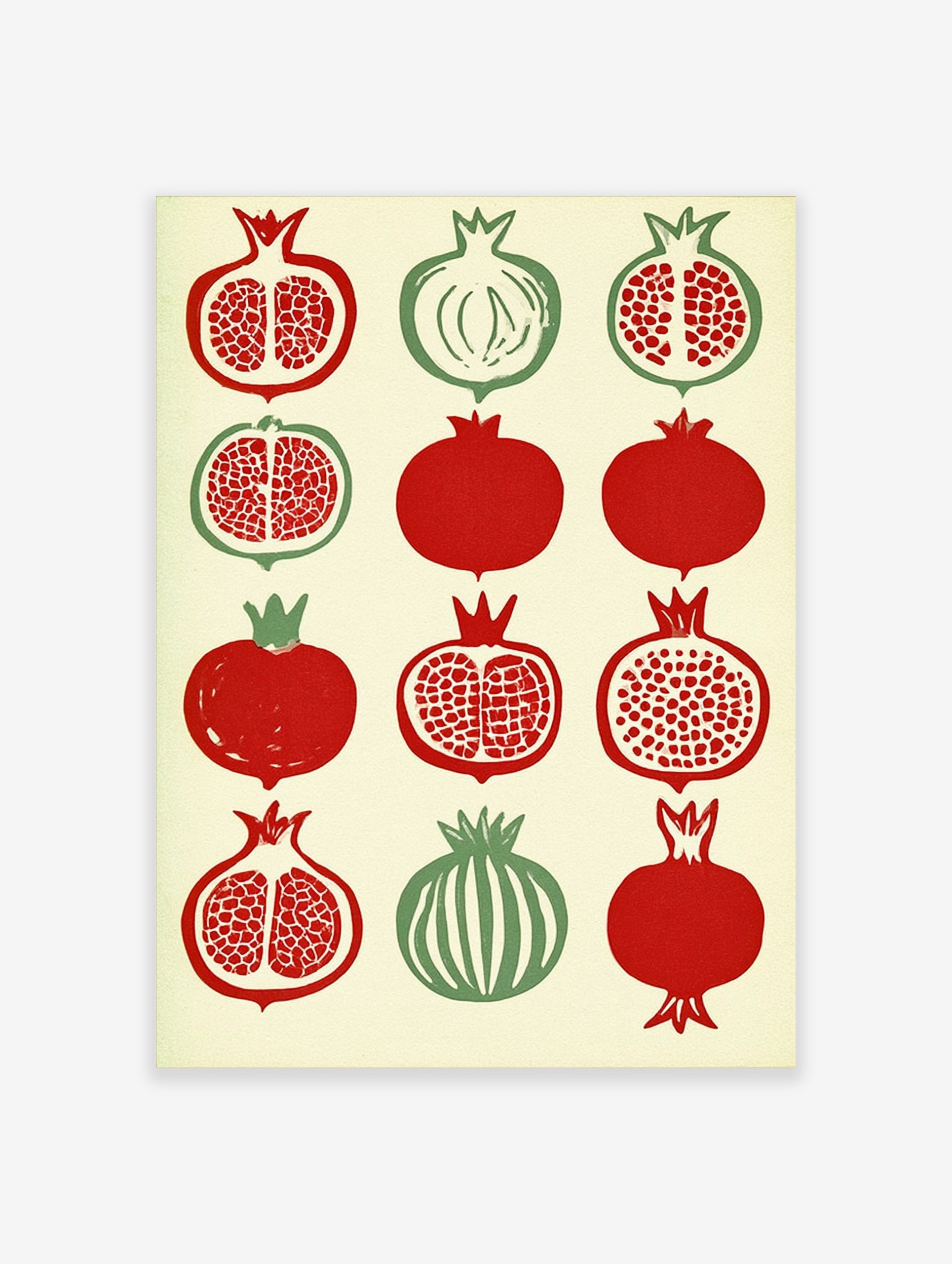 Illustrative pomegranate botanical grid print with red and green fruit on cream background