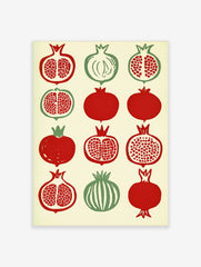 Illustrative pomegranate botanical grid print with red and green fruit on cream background