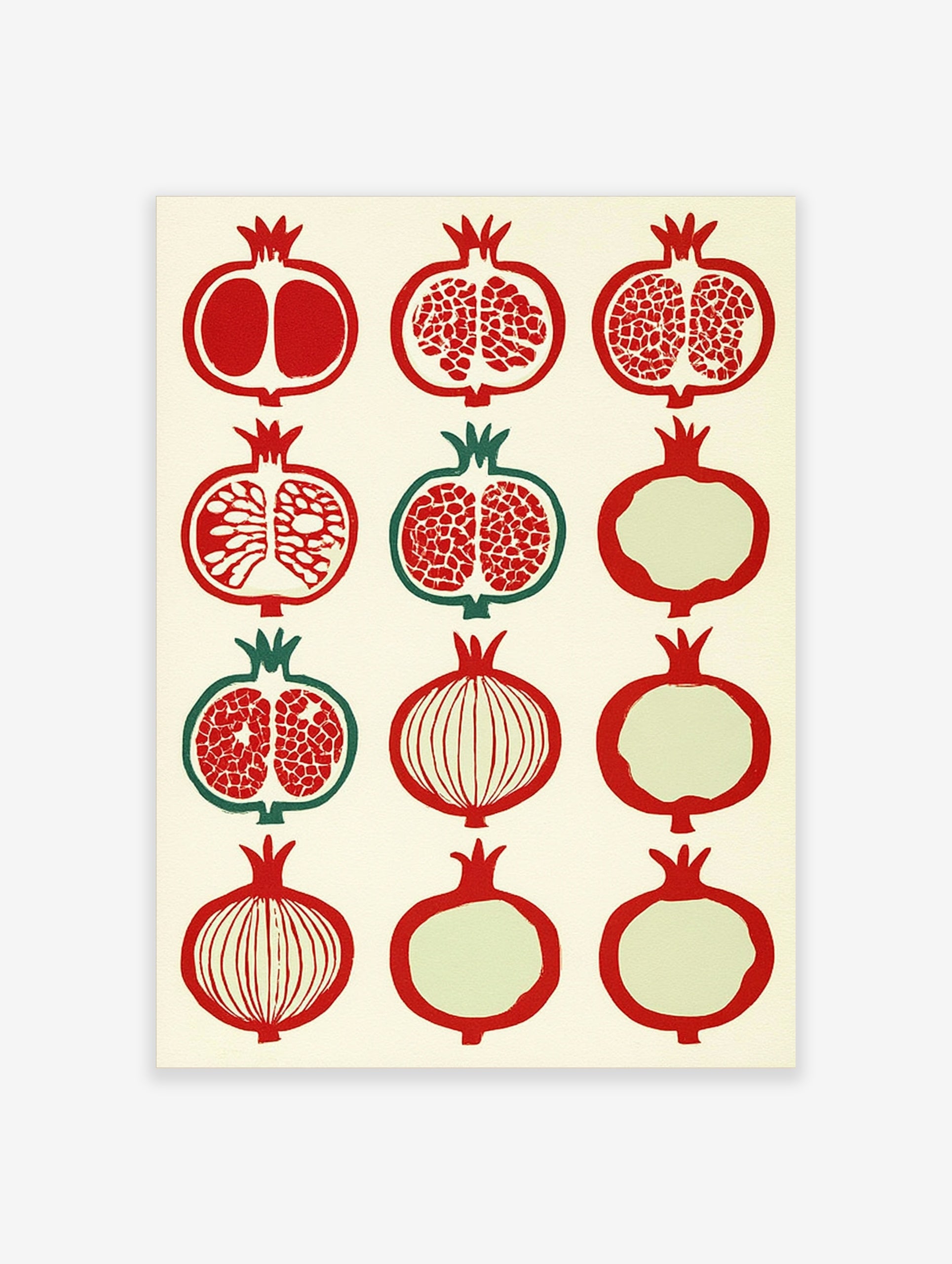 Grid of twelve stylized pomegranate fruit illustrations in red and green on a cream background